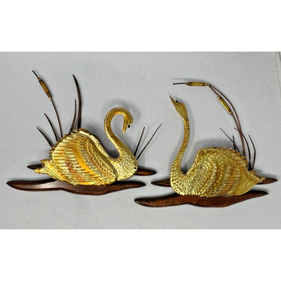 Home Interiors Other - Pair of Vintage MCM Brass Copper Swan and Cattails on Wood Wall Hanging